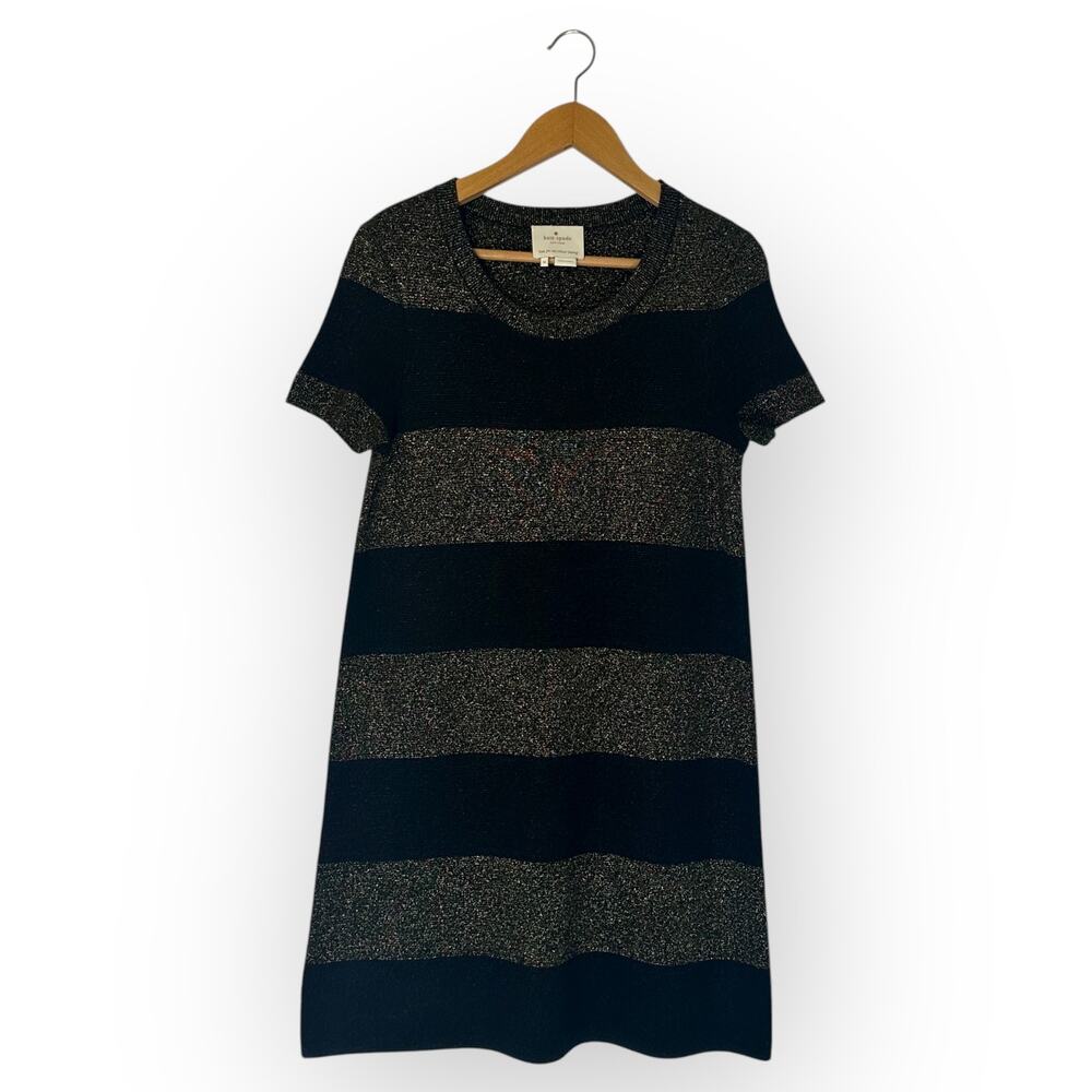 Kate Spade Freyda Short Sleeve Sweater Dress Size M Black Metallic Gold Stripe